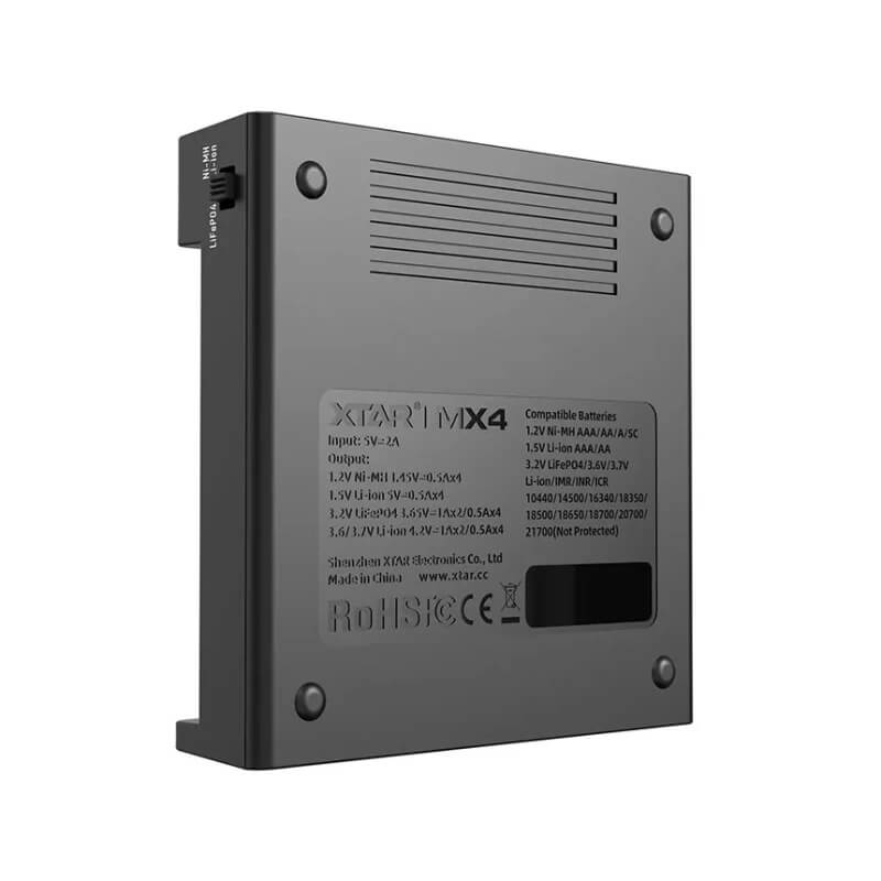 Cargador Universal XTAR MX4 MiniMixer – 4 Ranuras Inteligentes con USB-C para Baterías Li-Ion, LiFePO₄ y NiMH