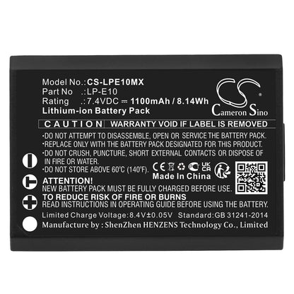 Batería Reemplazo LP‑E10 para Canon EOS 1100D 1200D 1300D 4000D Rebel T3 T5 T6 – CS‑LPE10MX 7.4 V 1100 mAh Li‑Ion