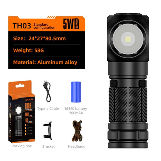 Superfire TH03 – Linterna LED Recargable Compacta 460 lm con Ángulo Recto y Carga USB-C